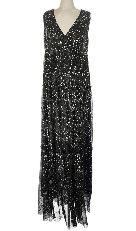 Johnny Was L Black & Gold Long Maxi Party Dress Sleeveless Pair W/ Kimono Johnny Was