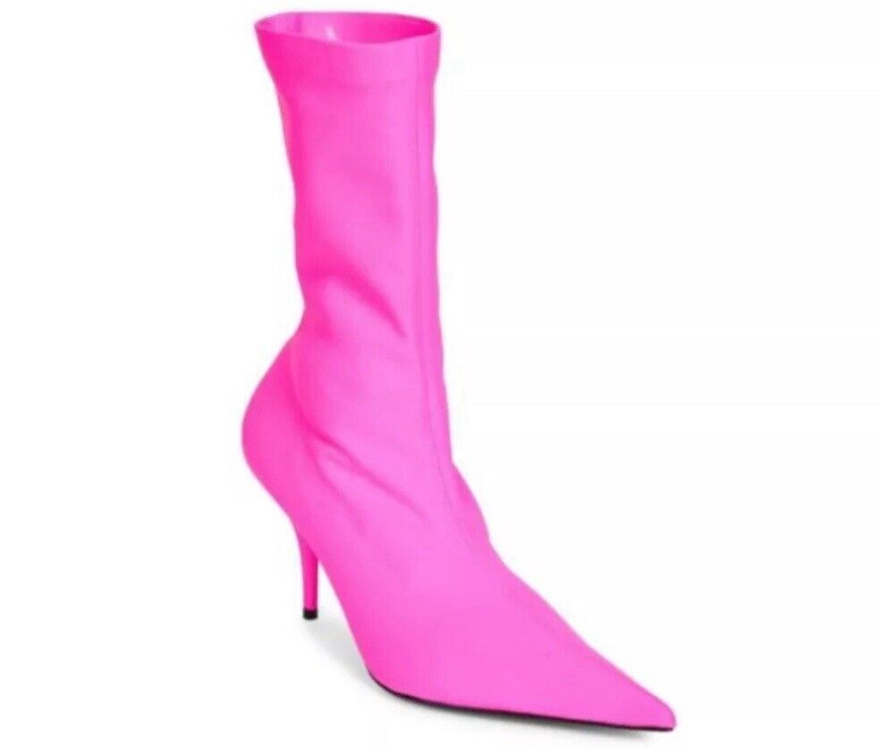 Balenciaga Knife Bootie Spandex Matt Fluo Pink Kitten Heel Boots EU 38.5