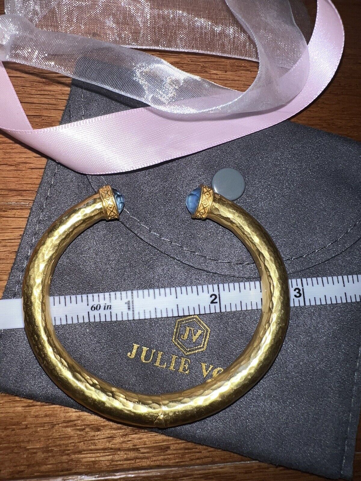 Julie Vos Hinged Bangle Bracelet Blue Iridescent Glass 24k Gold Plated