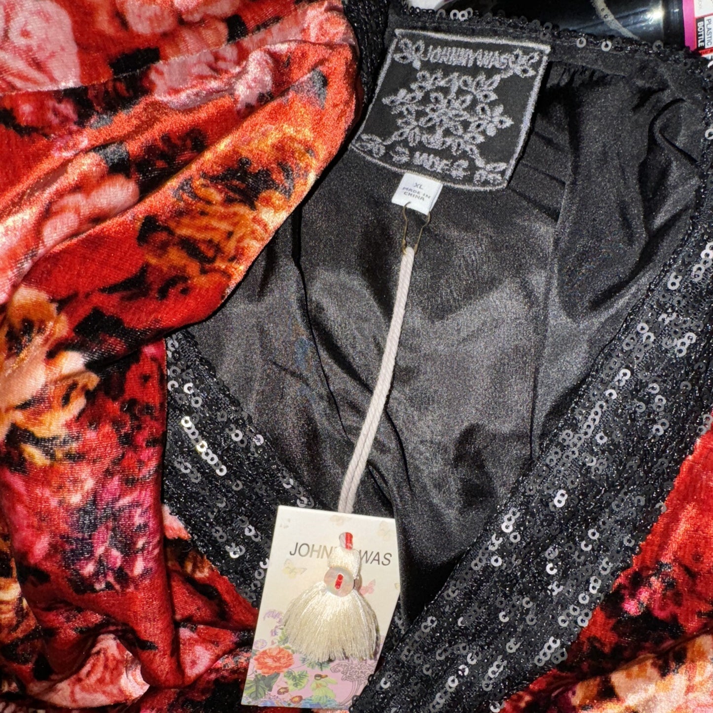 Johnny Was XL Red & Black Velvet Kimono Silk Lining Sequins Coat Jacket Johnny Was