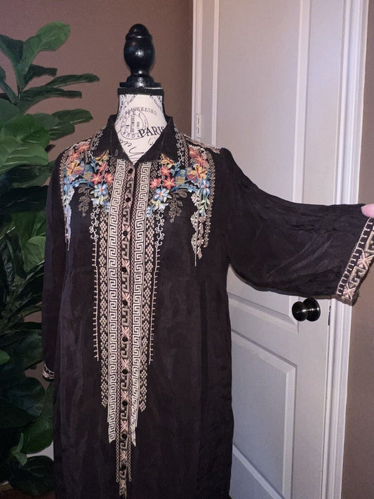 Johnny Was Brown Embroidered Silky Tunic Top Mini Dress Kimono Sleeves M Medium