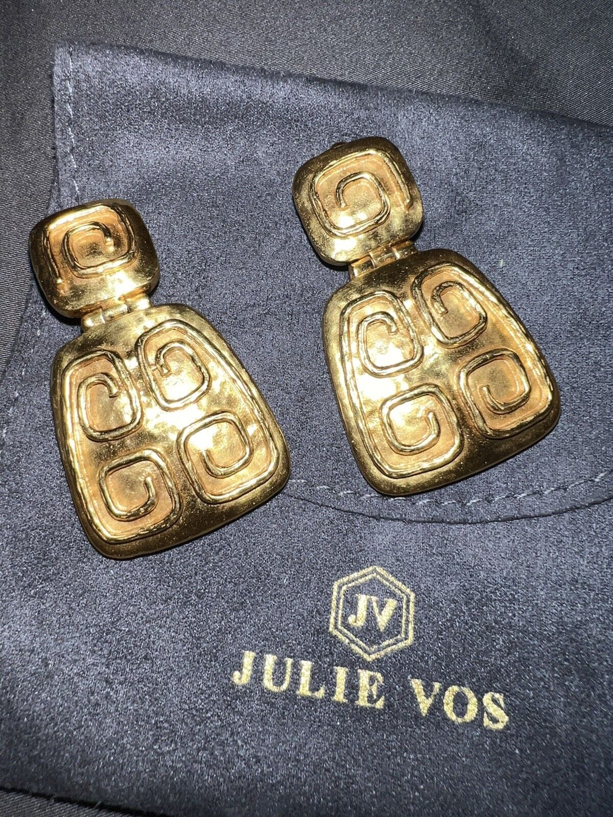 Julie Vos Gold Plated Matte Satin Hammered Drop Statement Clip-On Earrings