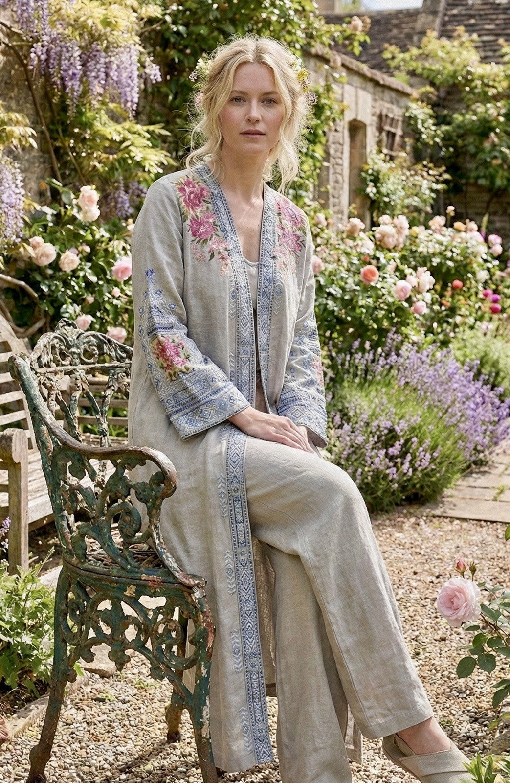 Johnny Was Grey XL Long Kimono Duster Coat Embroidery Linen MISSING BELT Johnny Was