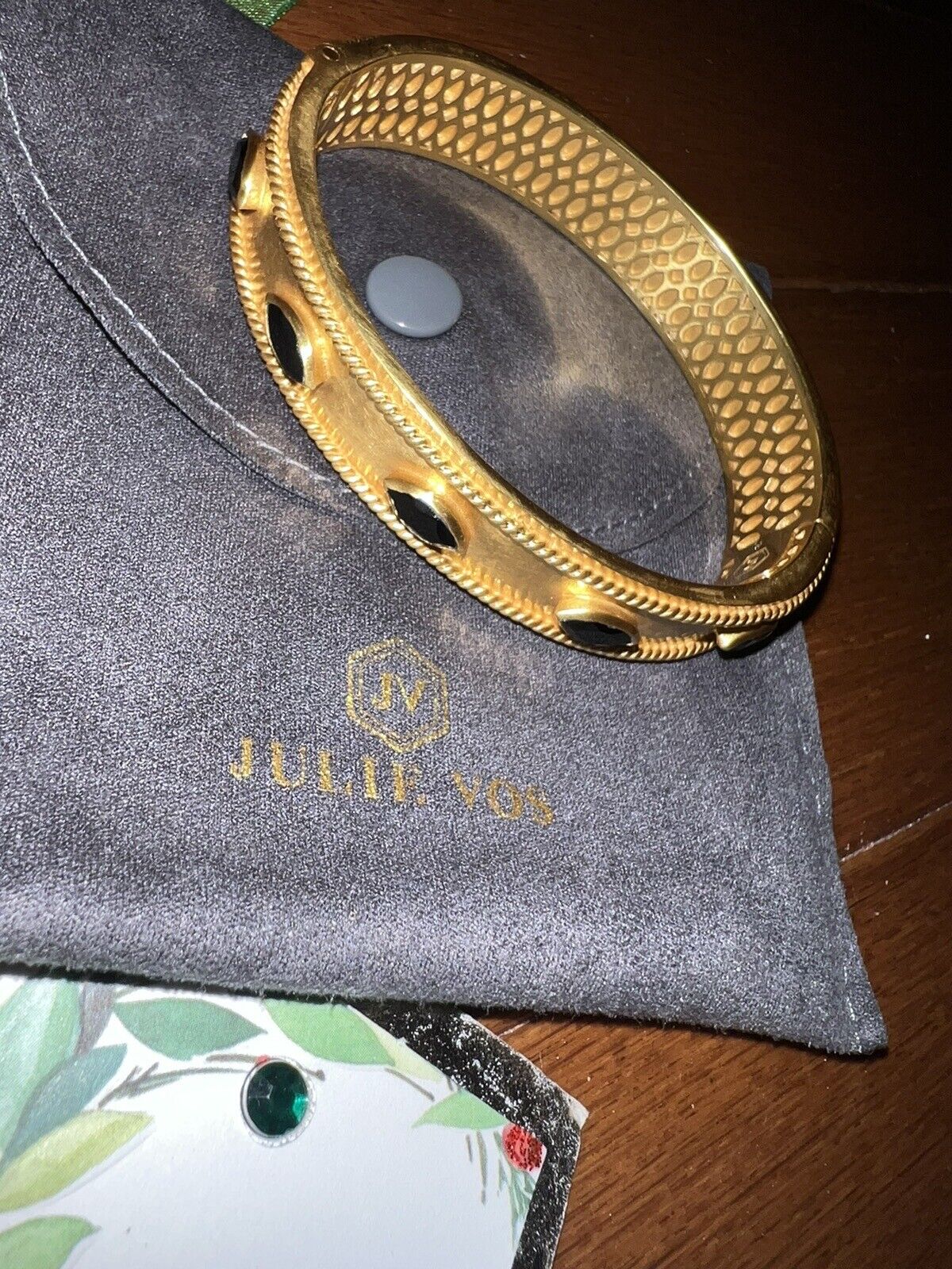 NEW Julie Vos Obsidian & 24k Gold Plate Bangle Hinged Cuff Bracelet NWOT