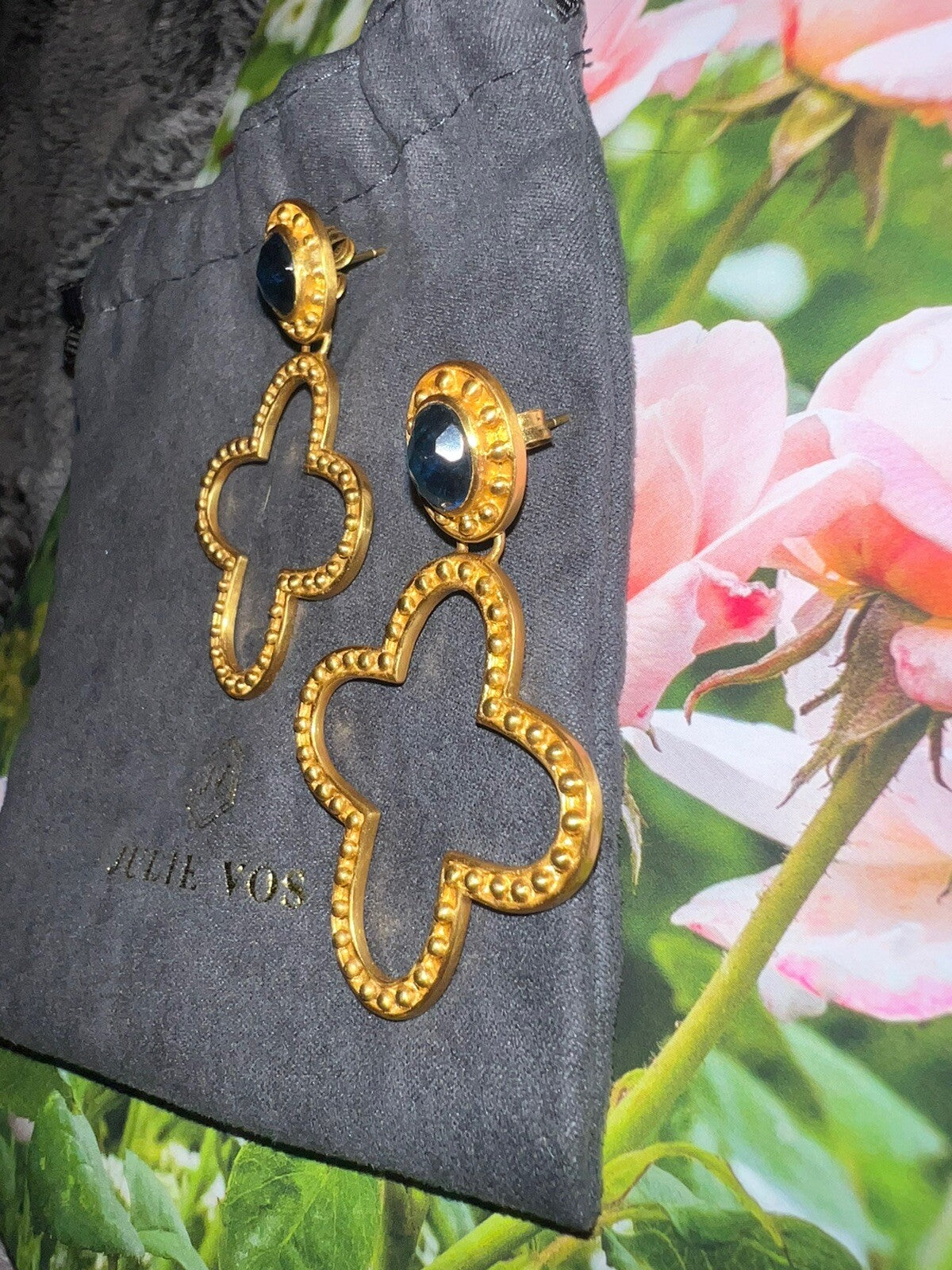 Julie Vos 24k Gold Plate & Blue Stone Cross Statement Earrings WOW Julie Vos