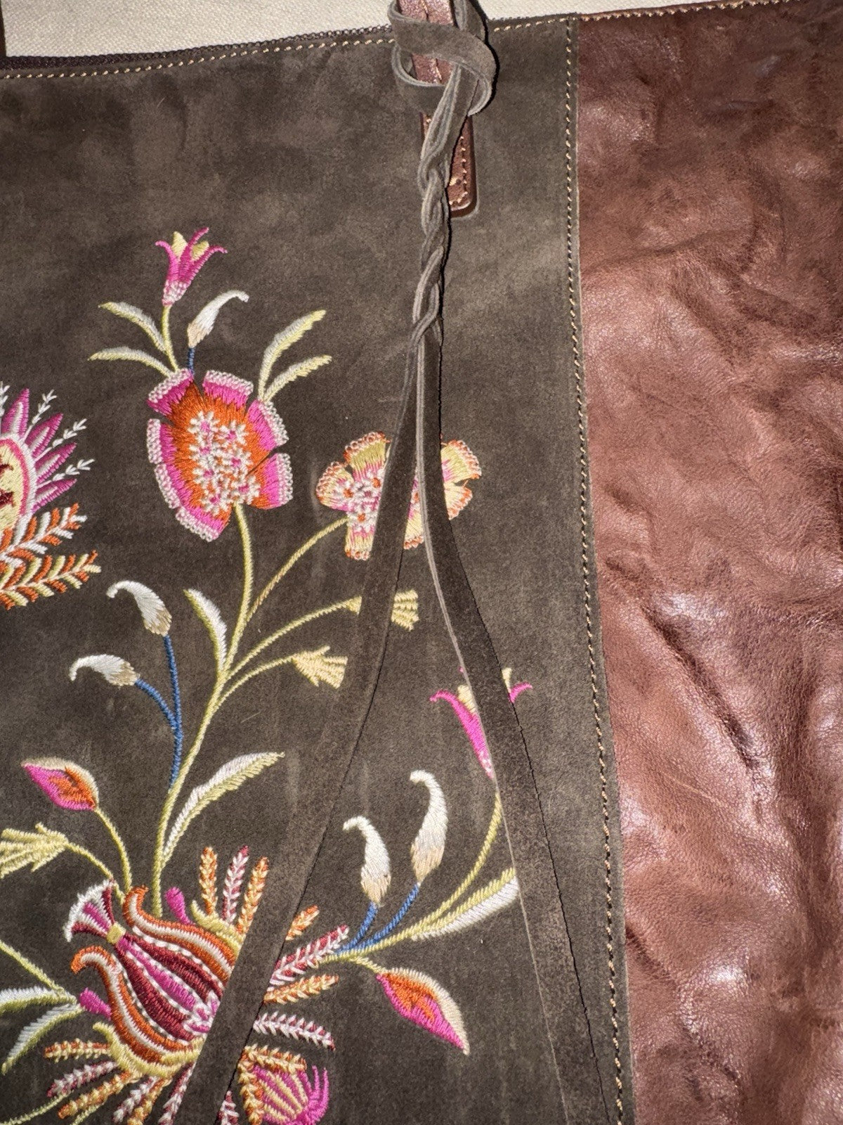 Johnny Was Dark Chocolate Brown Leather & Suede Bag Purse Tote Hobo Tassels Johnny Was