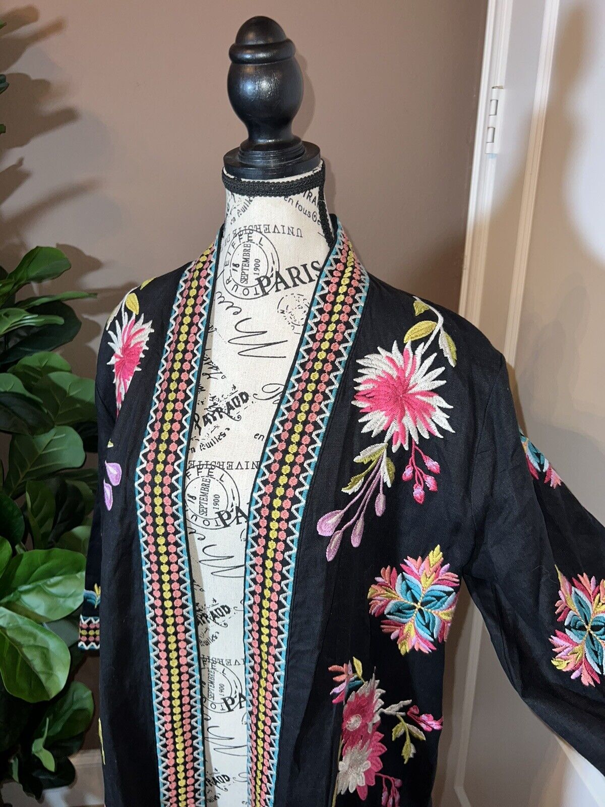 Johnny Was L Large Linen Long Kimono Duster Black Floral Embroidered