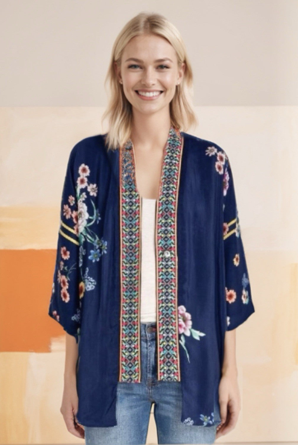 Johnny Was L KIMONO Navy Blue Or Black REVERSIBLE Jacket Duster Embroidered - Boho Beauty Boutique