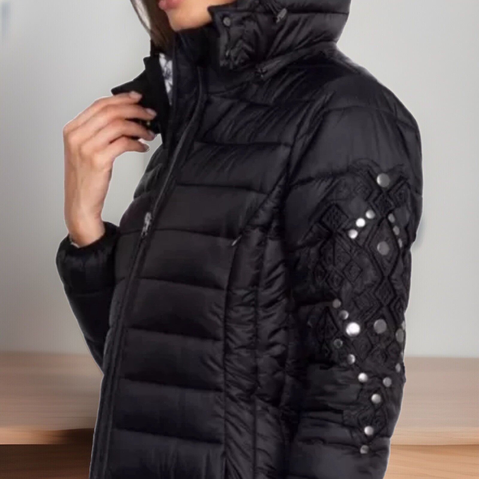 Johnny Was XL Black Puffer Coat Jacket Embroidery On Sleeves $598 Retail Johnny Was