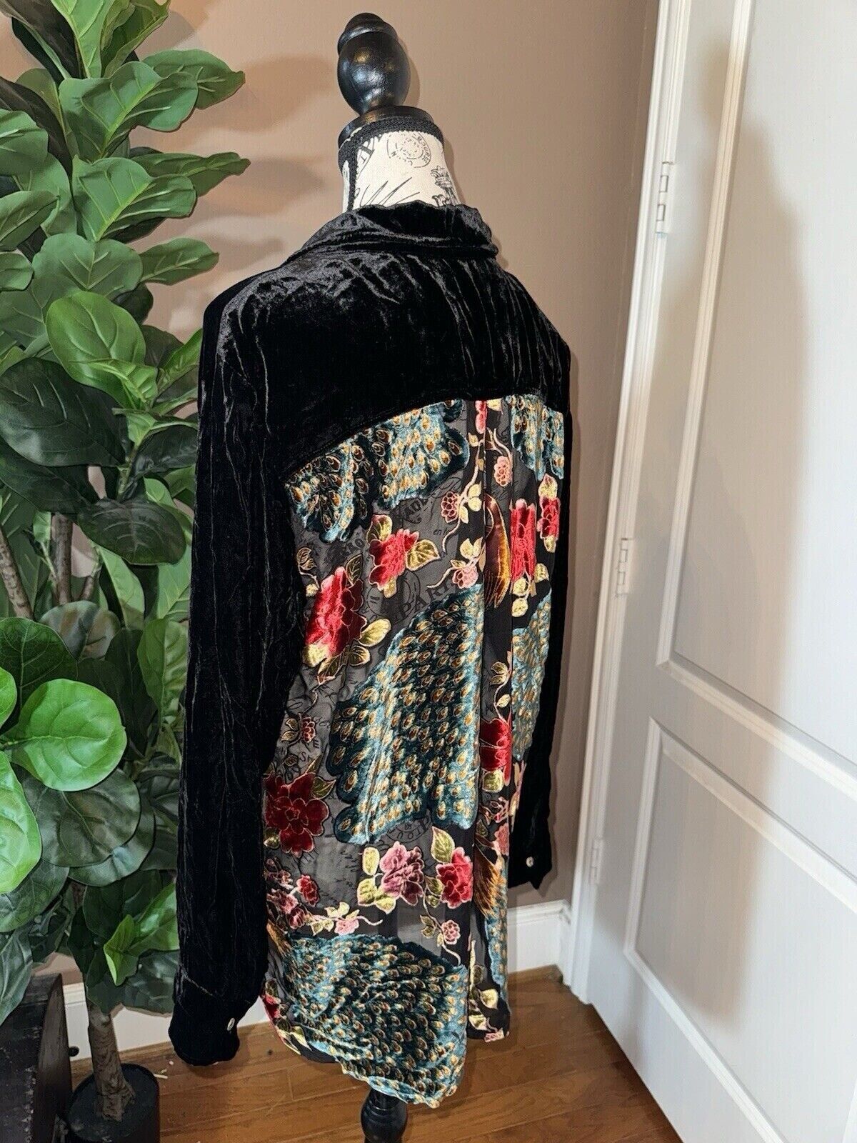 Johnny Was Large BOHO Black Velvet & Silk Button Up Tunic Top STUNNING BACK