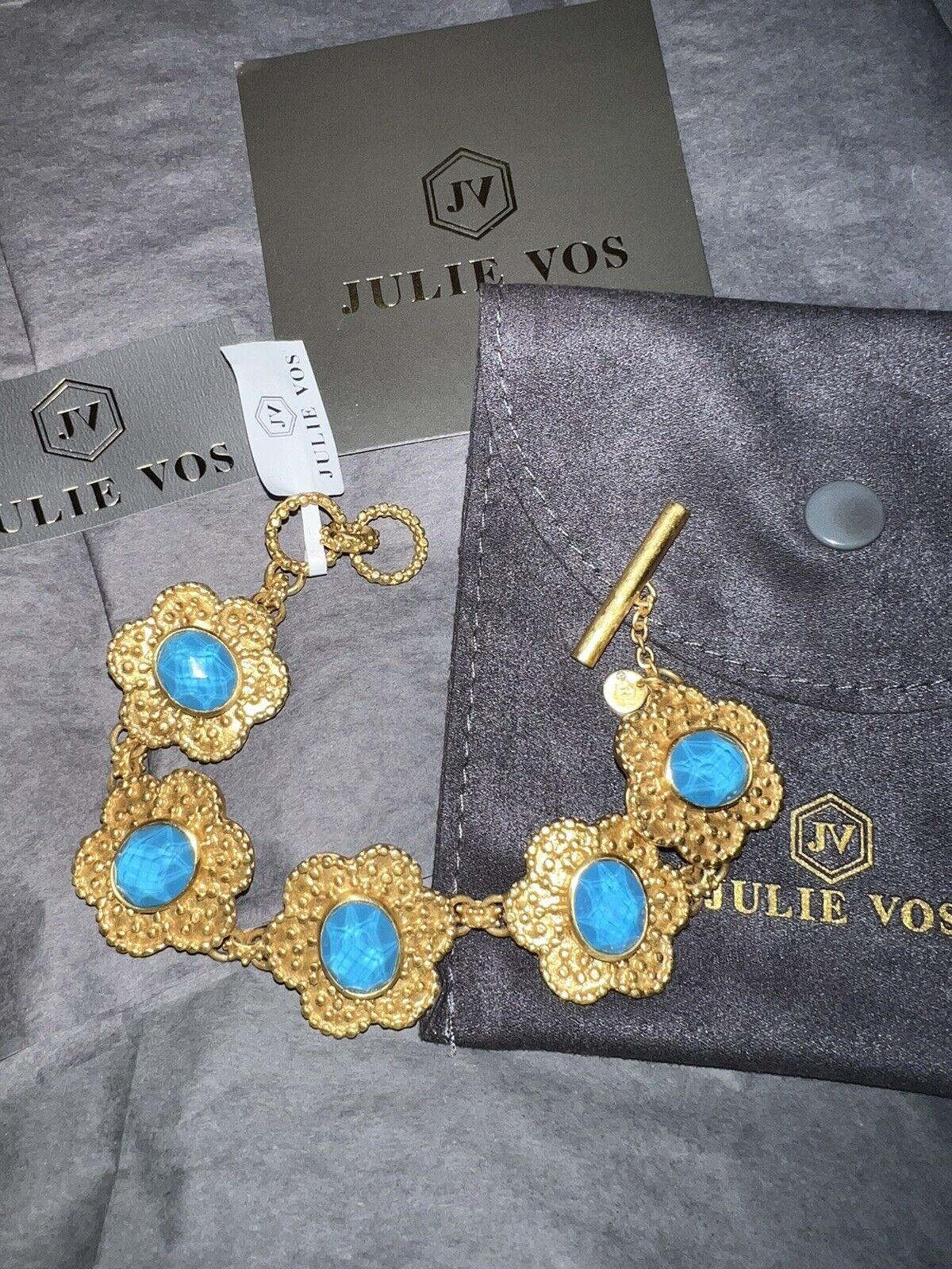 NEW Julie Vos Flower Link Bracelet Toggle & Pacific Blue Iridescent Glass NWT