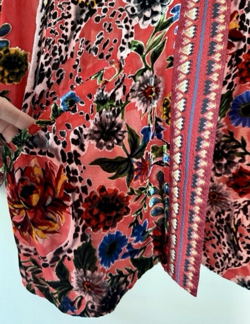 Johnny Was XL Red Burnout Velvet Kimono REVERSIBLE Jacket $550 Retail Johnny Was