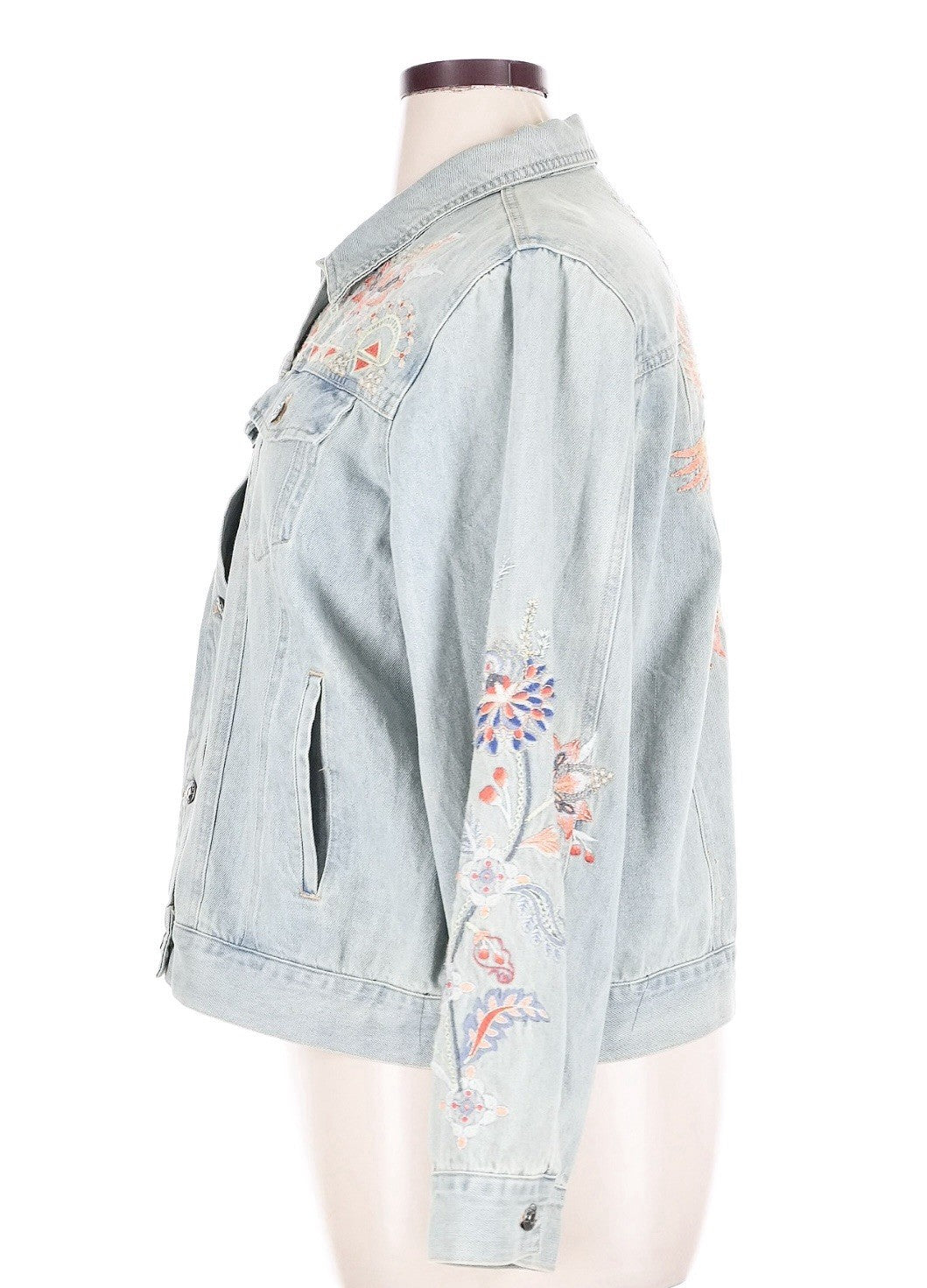 Johnny Was XL Denim Jacket Worker Coat Embroidered Phoenix Bird Light Wash Johnny Was