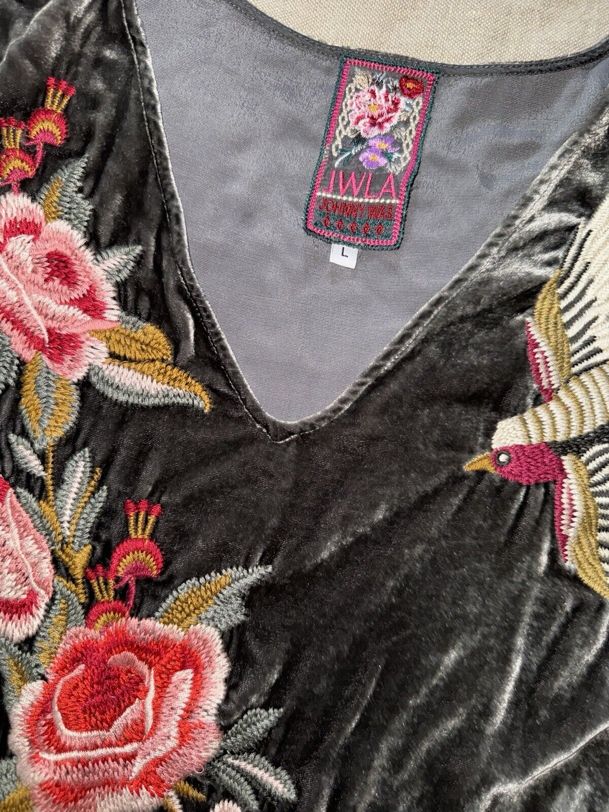 Johnny Was Sz L Large Grey Velvet Embroidered Poncho Tunic Top  Birds