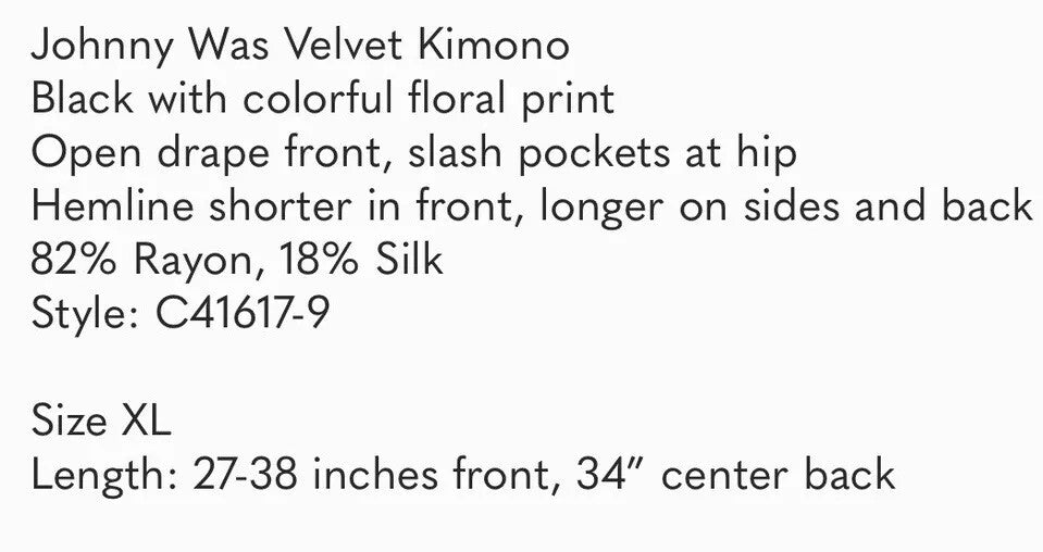 Johnny Was Black & Red Velvet XL Kimono Wrap Jacket Duster Coat Bohemian Johnny Was