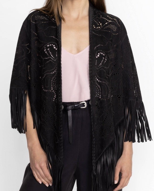 Johnny Was S/M Black Suede Leather Poncho Laser Cut Kimono Wrap $998 Retail Johnny Was