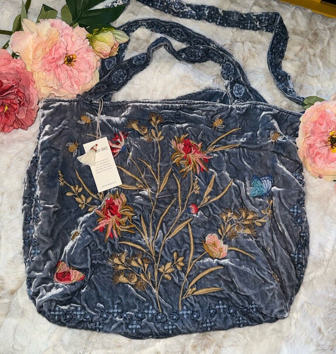 Johnny Was Large Blue Velvet Hobo Bag Tote Purse Embroidered Crossbody Birds