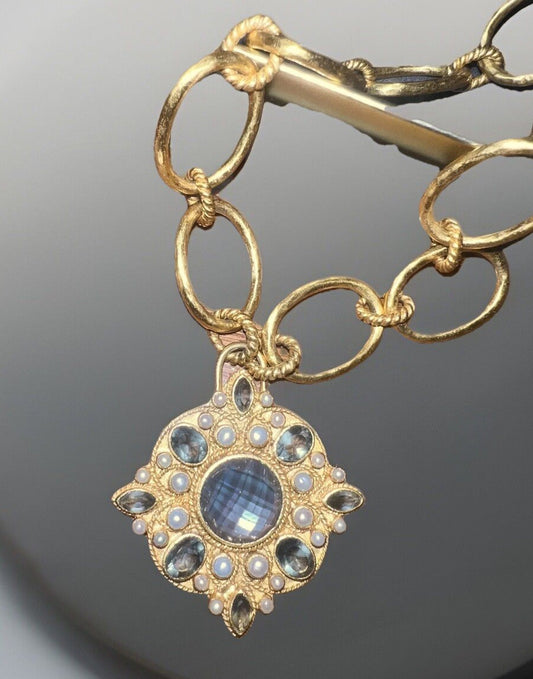 Julie Vos Iridescent Charcoal Blue & Pearl Statement Necklace Pendant 24k Plated Julie Vos