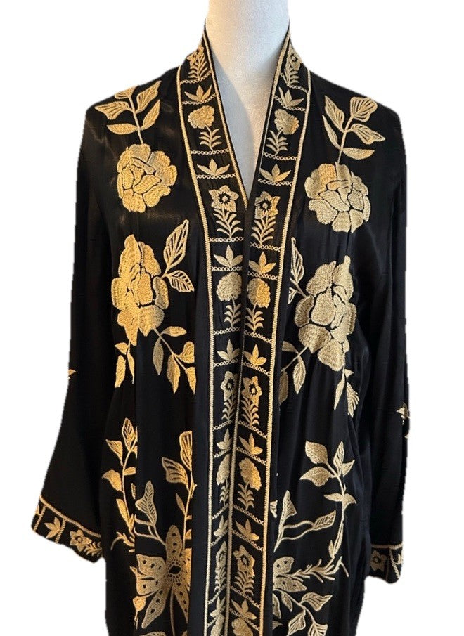 Johnny Was L Black & Gold Long Kimono Duster Embroidered Jacket Coat Wrap Johnny Was