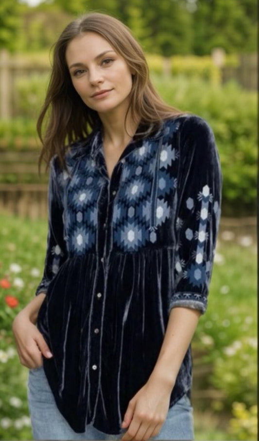 Johnny Was 3x 3xl Blue Velvet Heavily Embroidered Peasant Blouse Shirt Tunic Top Johnny Was