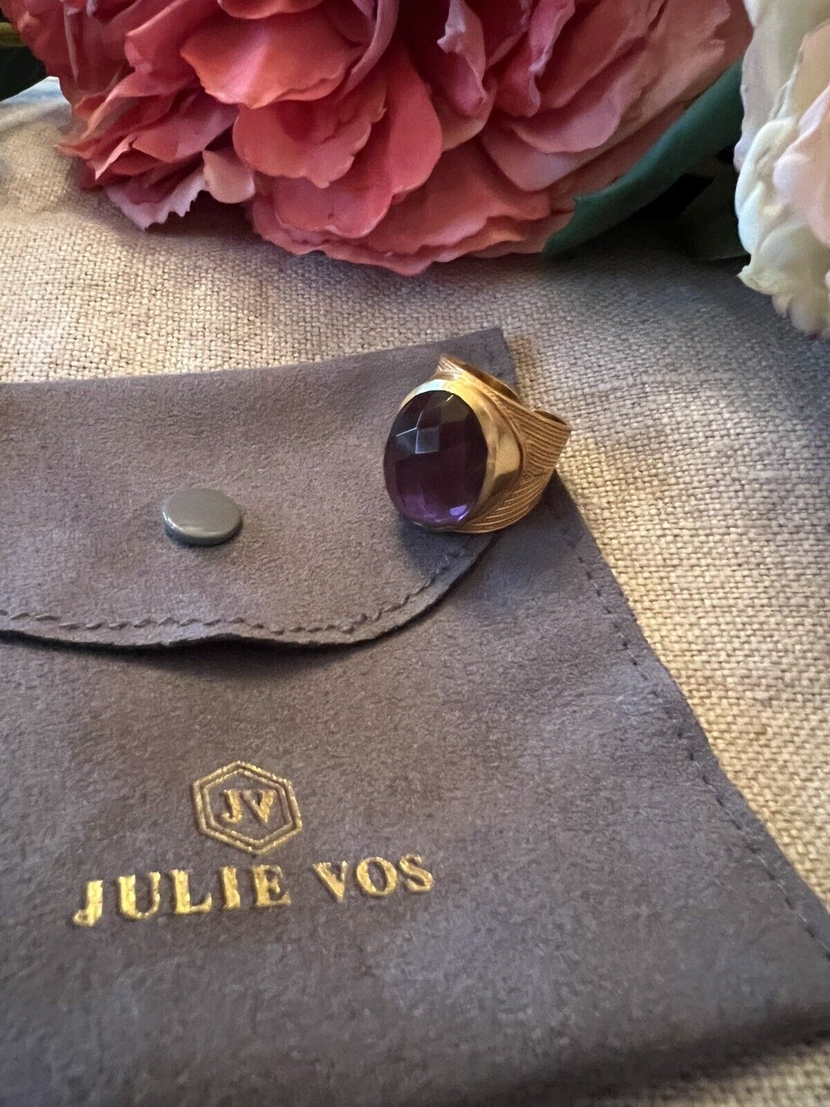 Julie Vos Verona Statement Ring Plum Purple Sz 8 Adjustable 24k Plated