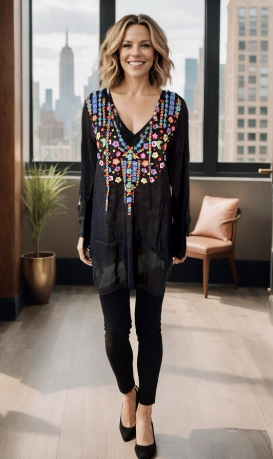 Johnny Was L Silky Black Tunic Blouse Peasant Top Embroidered Lightweight Cool Johnny Was