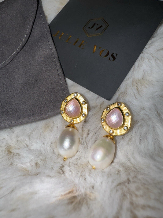 Julie Vos Iridescent Soft Pink & Pearl Earrings 24k Gold Plated Tear Drop Julie Vos