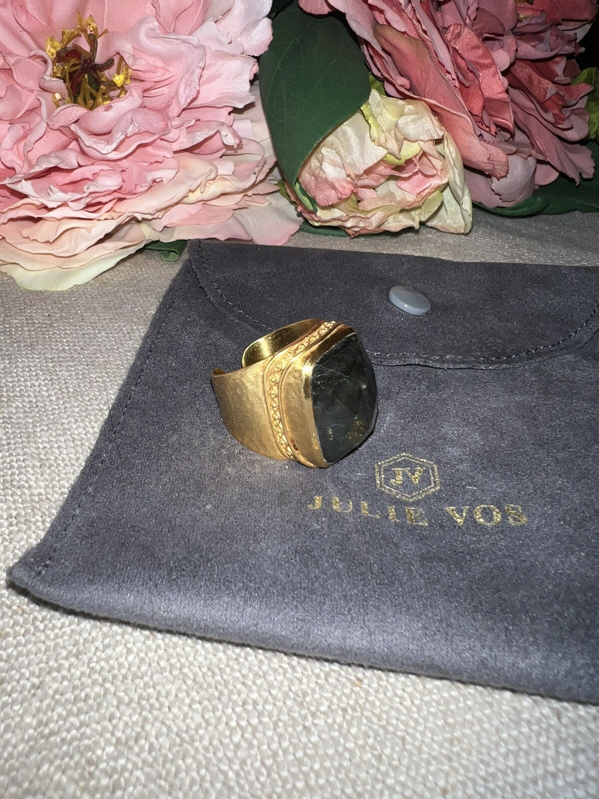 Julie Vos Sz 9 Cuff Ring ADJUSTABLE Real Labradorite & 24k Gold Plated Julie Vos