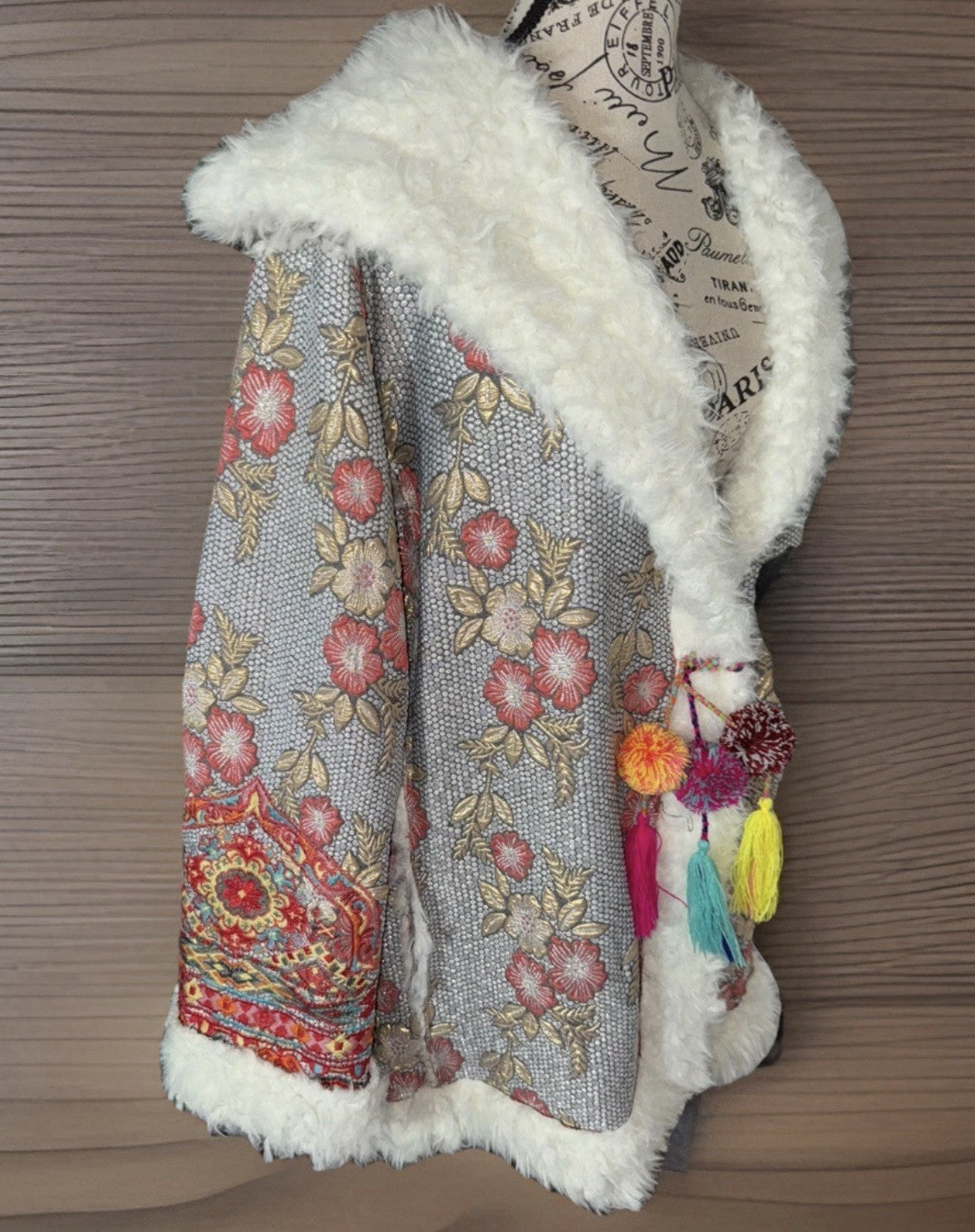 Johnny Was 1X Faux Fur Sherpa Coat Jacket Wrap Shearling Lined Tassles BOHO Johnny Was