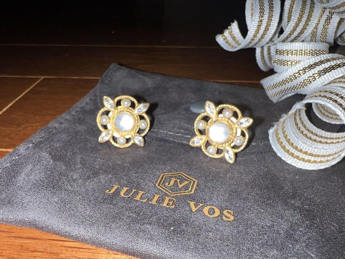 Gorgeous Julie Vos Earrings Clear And Iridescent Crystals 24k Gold Plate Stud