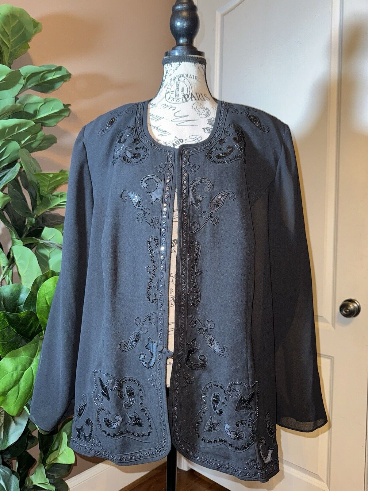 Eileen Fisher 2X Black Dress Jacket Top Beaded Kimono Wrap Tags Cut Out