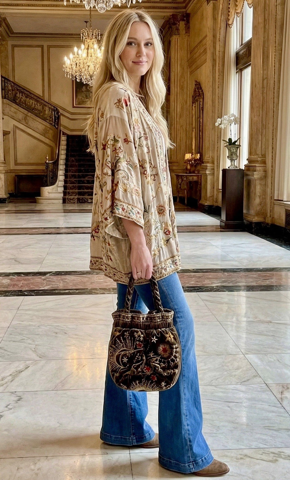 Johnny Was Brown Velvet Bucket Bag Purse Tote Embroidered Celestial Johnny Was