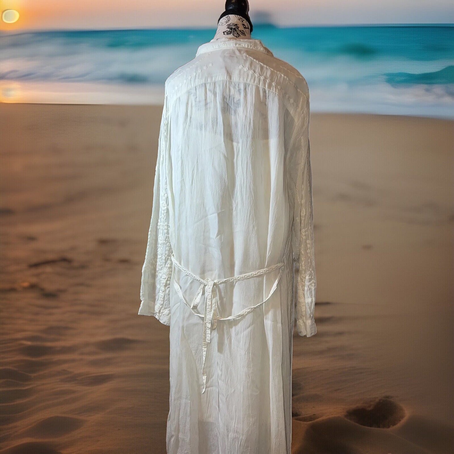 Johnny Was 2X Ivory Maxi Dress Silky Embroidery & Lace Kimono BOHO Beach Wedding Johnny Was