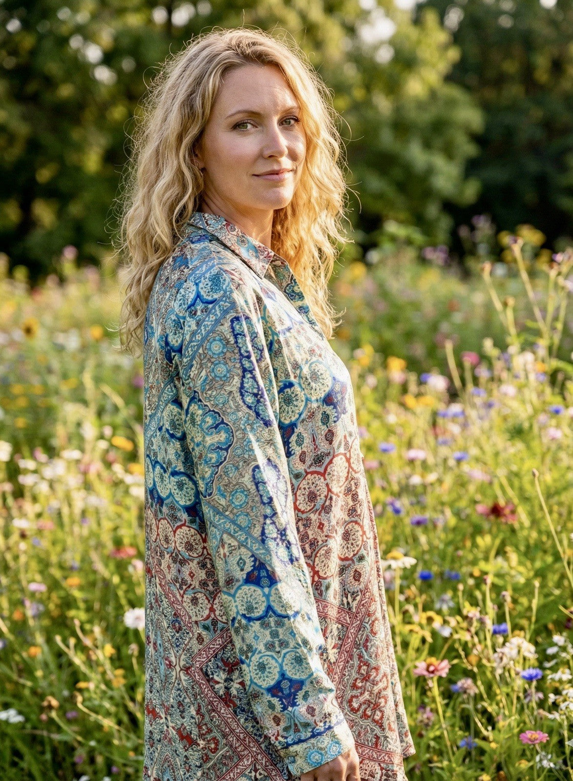 Johnny Was L 100% Silk Button Up Blouse Tunic Top Long Sleeve Lightweight Cool Johnny Was