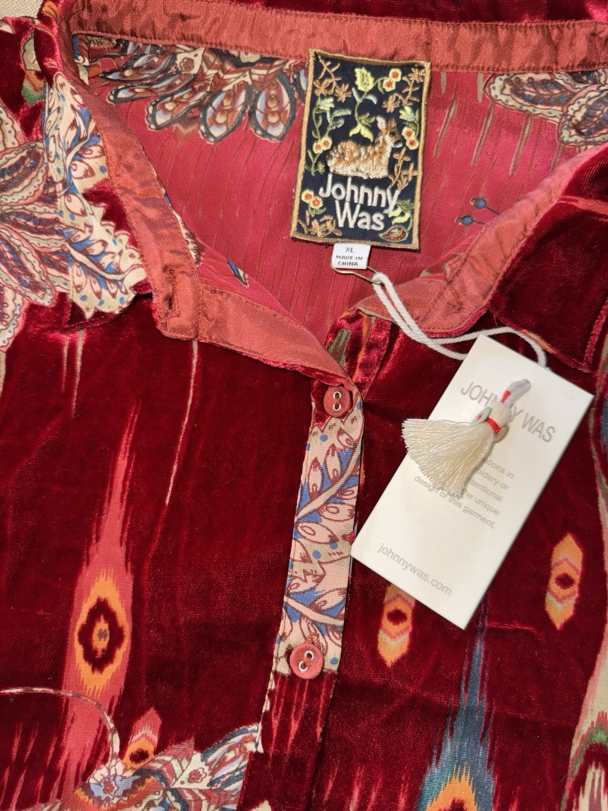 Johnny Was XL Red Burnout Velvet & Silk Button Up Blouse Tunic Top Shirt Johnny Was