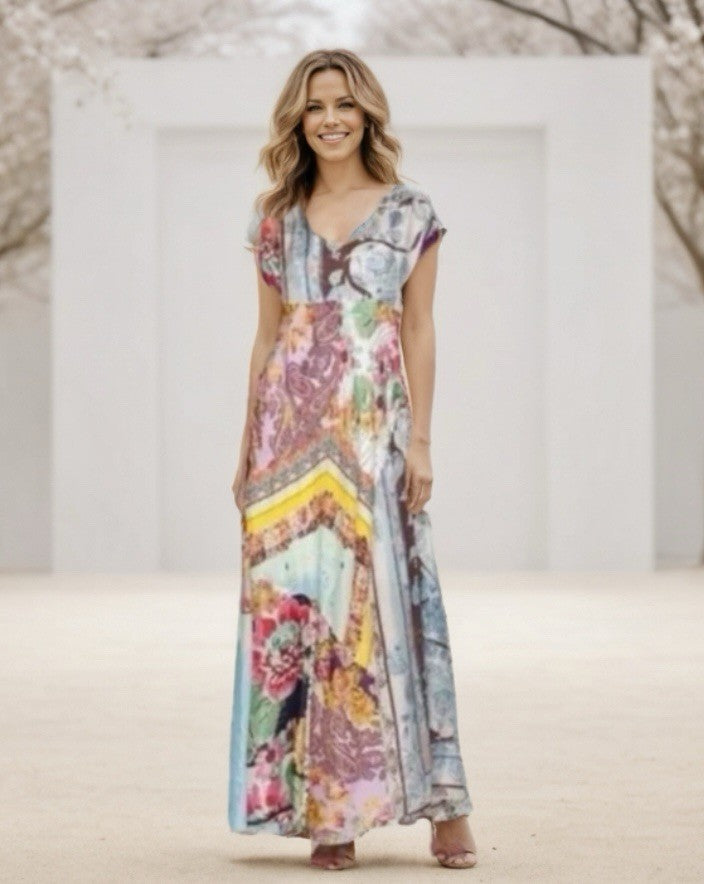 Johnny Was XL 100% Silk Maxi Dress A-Line Kaftan Floral Pattern Lightweight Cool Johnny Was