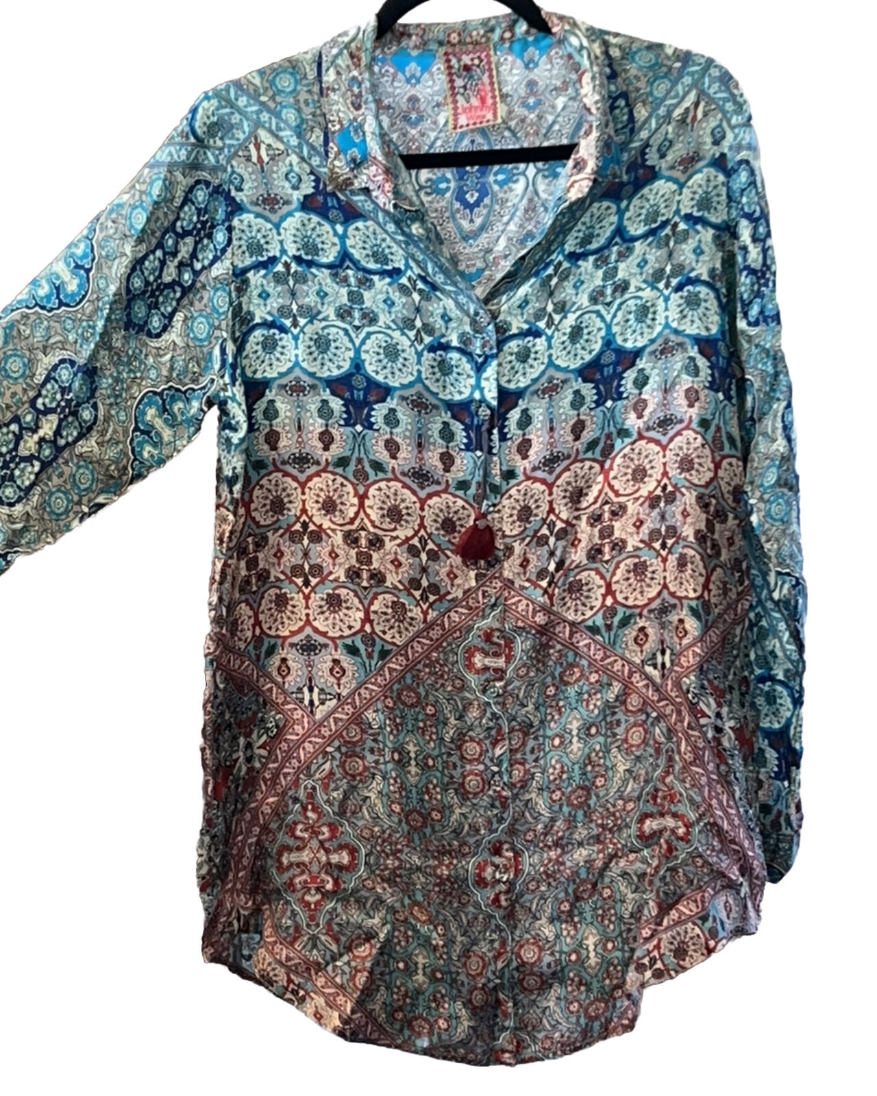 Johnny Was 100% Silk Button Up Top Sz M Medium Long Sleeve