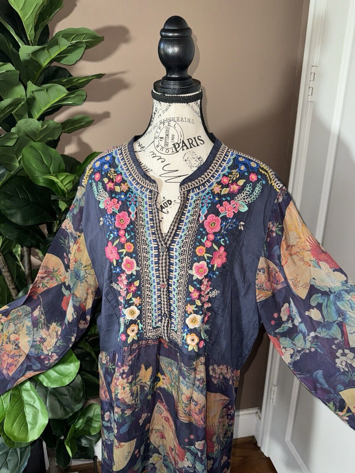 Johnny Was Silky Asian Fan Mini Dress Or Tunic Top Embroidered Sz XXL 2X 2XL