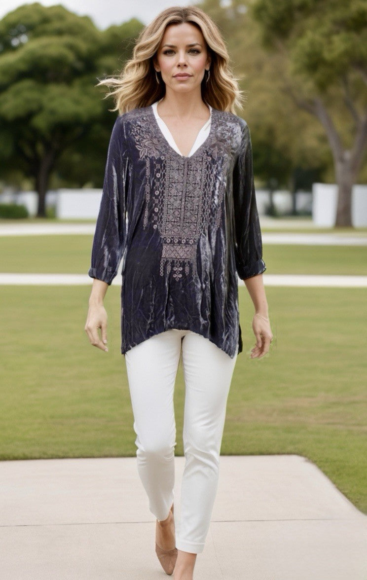 Johnny Was L Large Grey Velvet Tunic Top Blouse  Tonal Embroidery Shirt Johnny Was