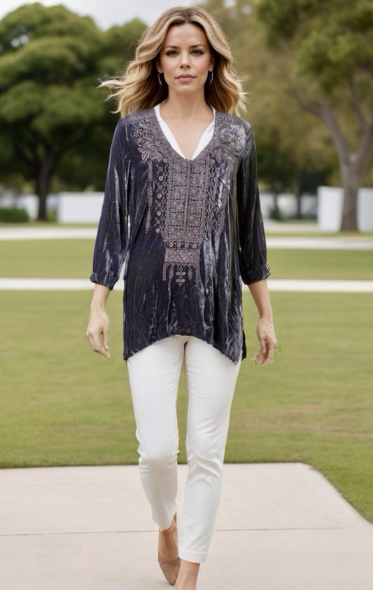 Johnny Was L Large Grey Velvet Tunic Top Blouse  Tonal Embroidery Shirt Johnny Was