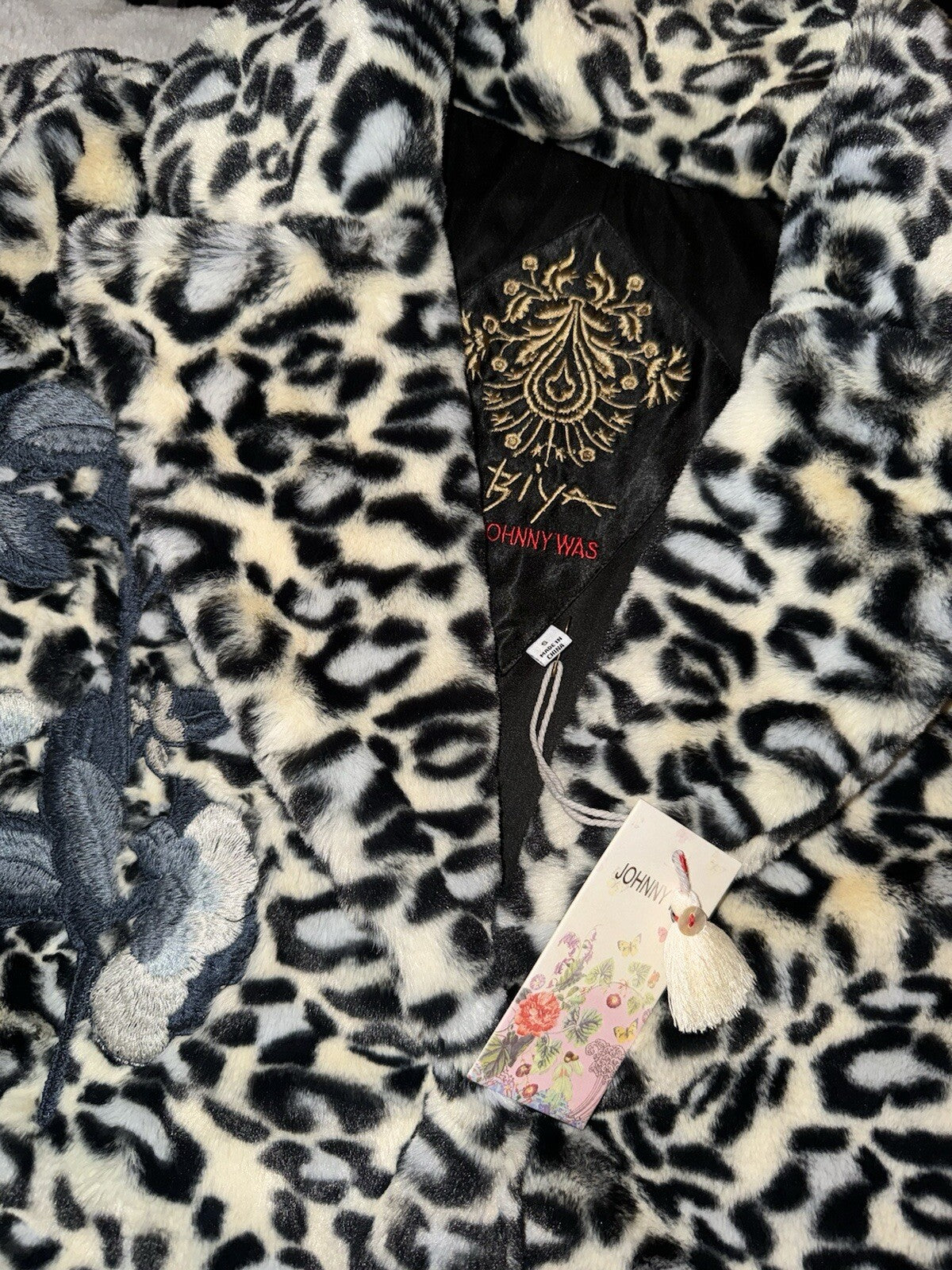 Johnny Was S Soft Blue & White Leopard Faux Fur Coat Jacket Wrap Silk Lining Johnny Was