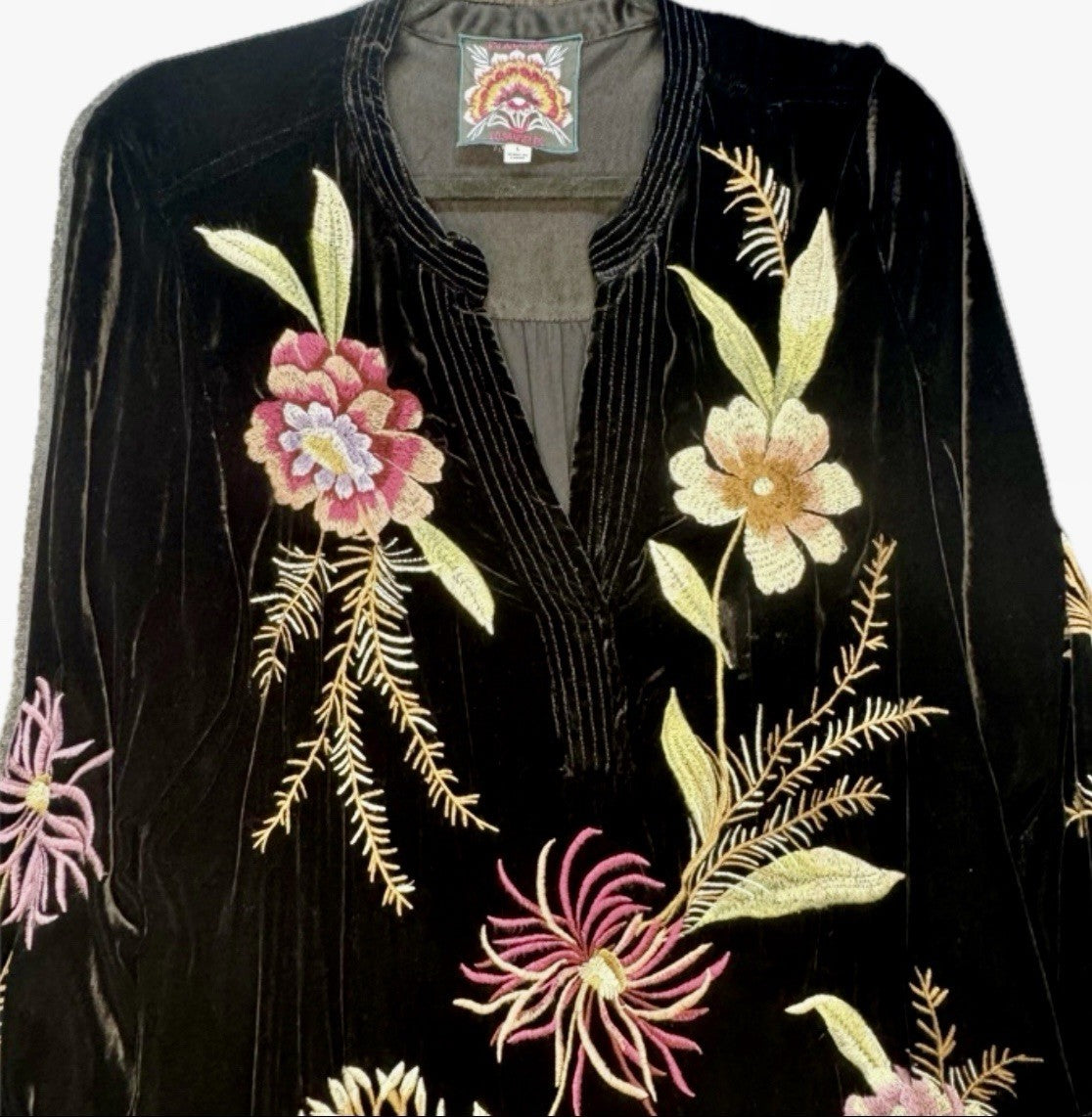 Johnny Was L Black Velvet Mini Shift Dress Tunic Top Floral Embroidery Boho Johnny Was