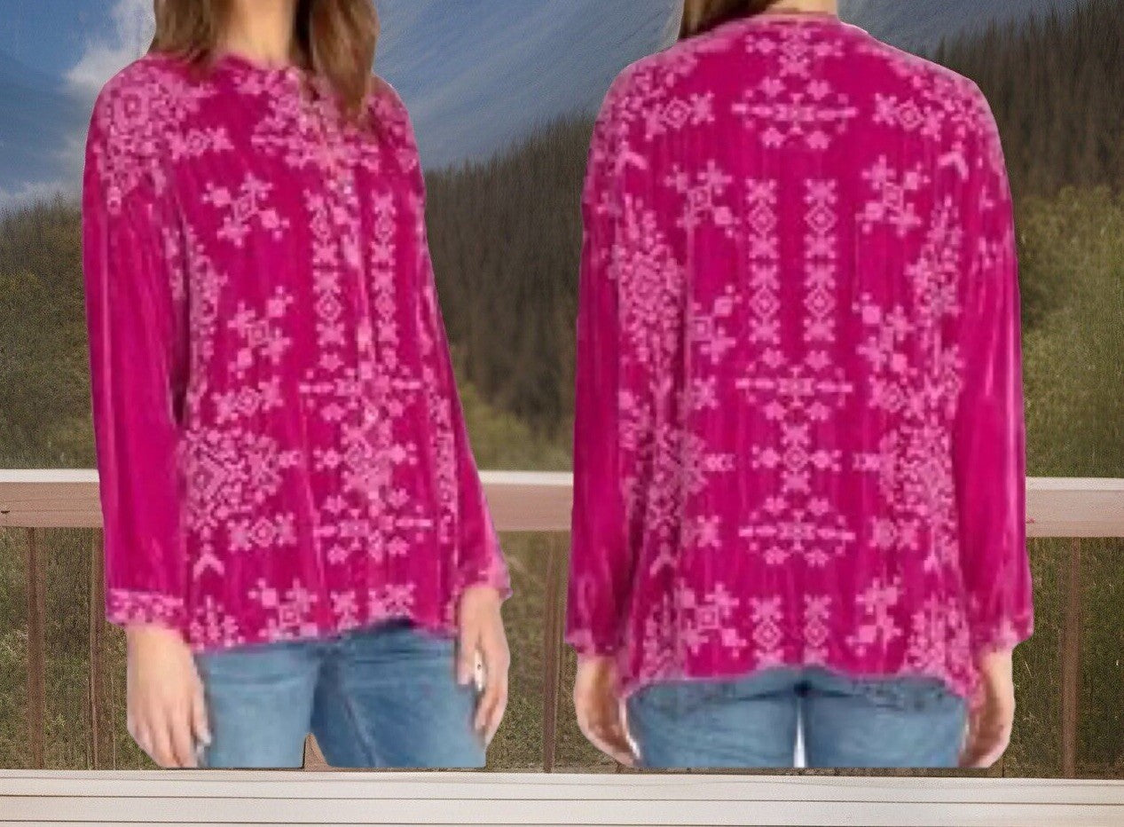 Johnny Was XL 1X Velvet Fuchsia Pink Button Up Shirt Tunic Top Blouse Johnny Was