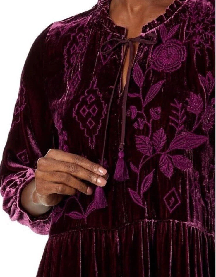 JOHNNY WAS XL VELVET Mini Dress Eggplant Purple Tiered Peasant Top Tassels Johnny Was