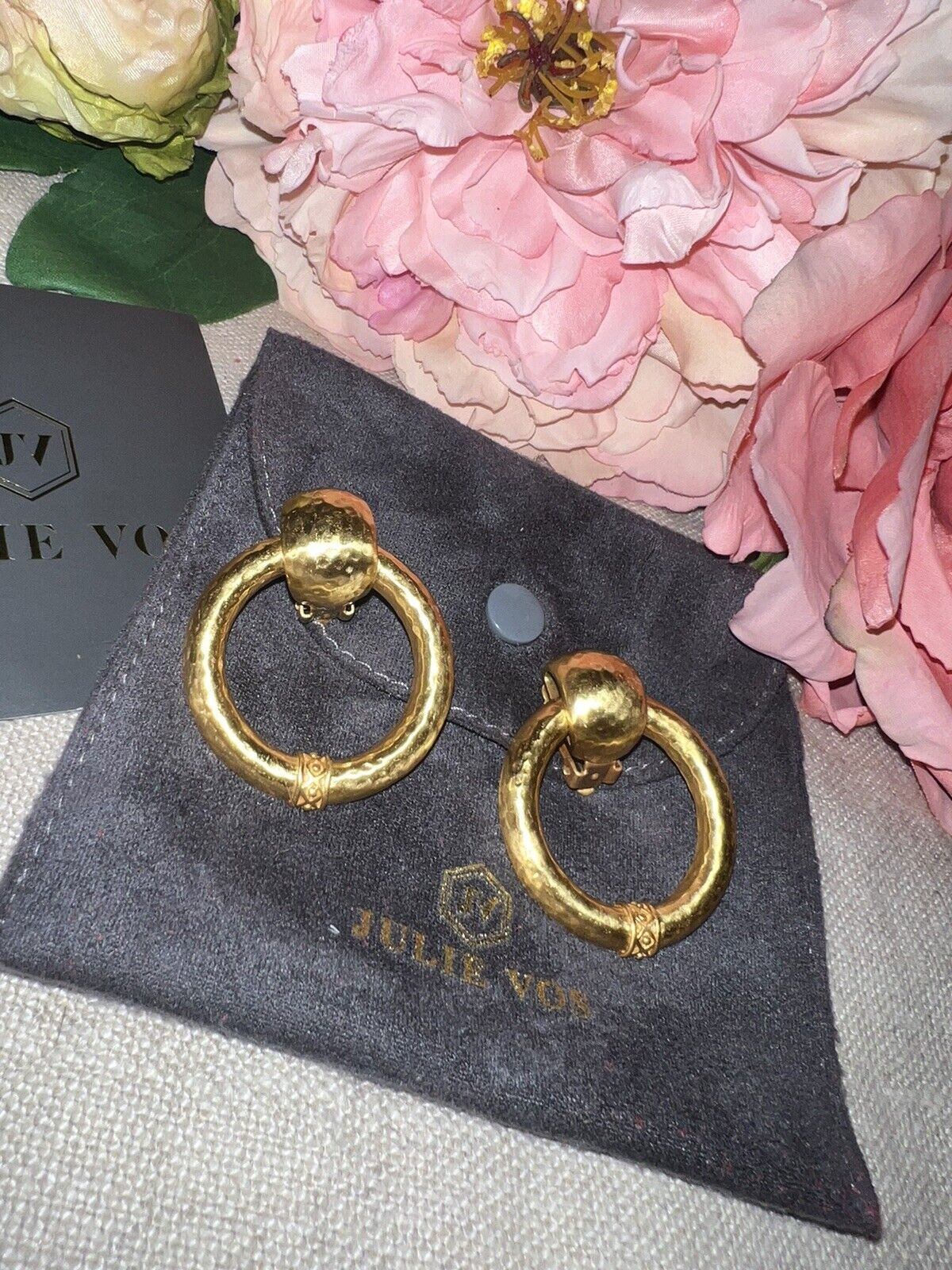 Julie Vos 24k Gold Plated Hoop Door Knocker Clip On Earrings