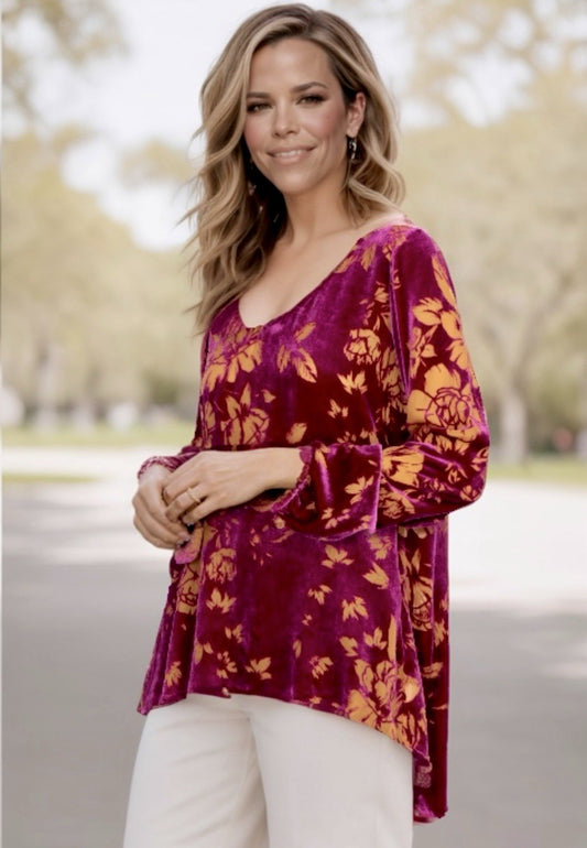 Johnny Was L Large Fushia Pink Burnout Velvet Peasant Blouse Tunic Top Johnny Was