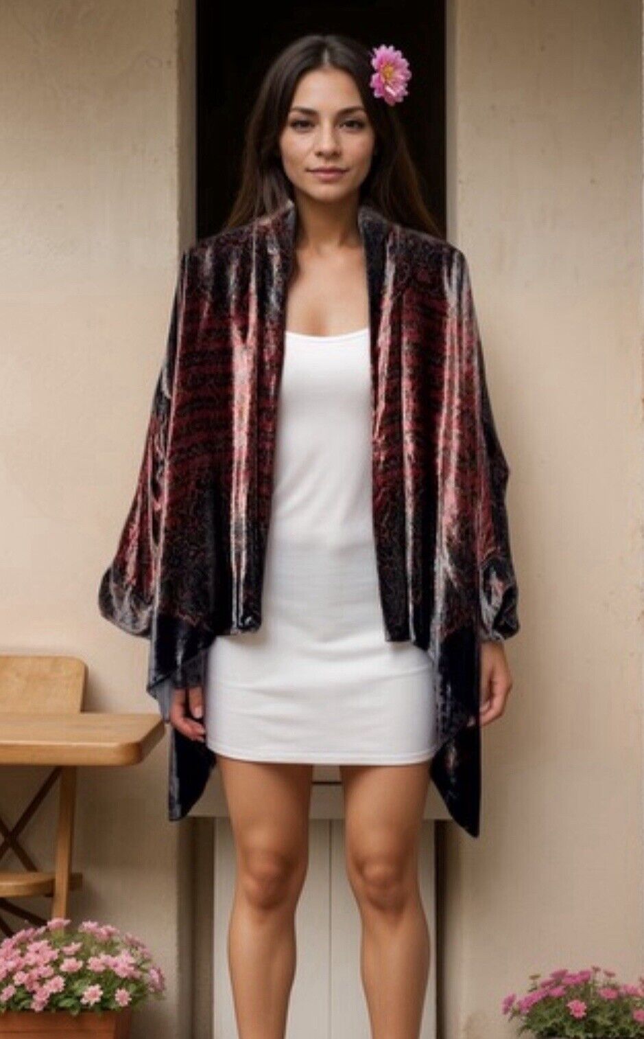 Johnny Was XL Black & Red Velvet Kimono Wrap Cardigan Jacket Gorgeous Color