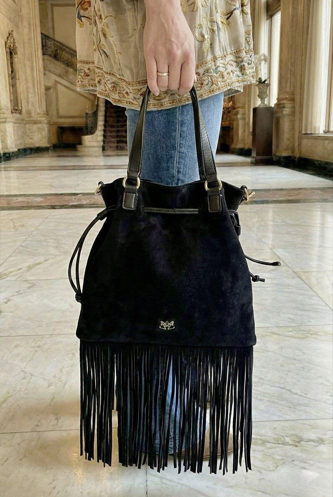 Johnny Was Black Suede Leather Crossbody Bag Purse Tote Hobo Tassels Johnny Was