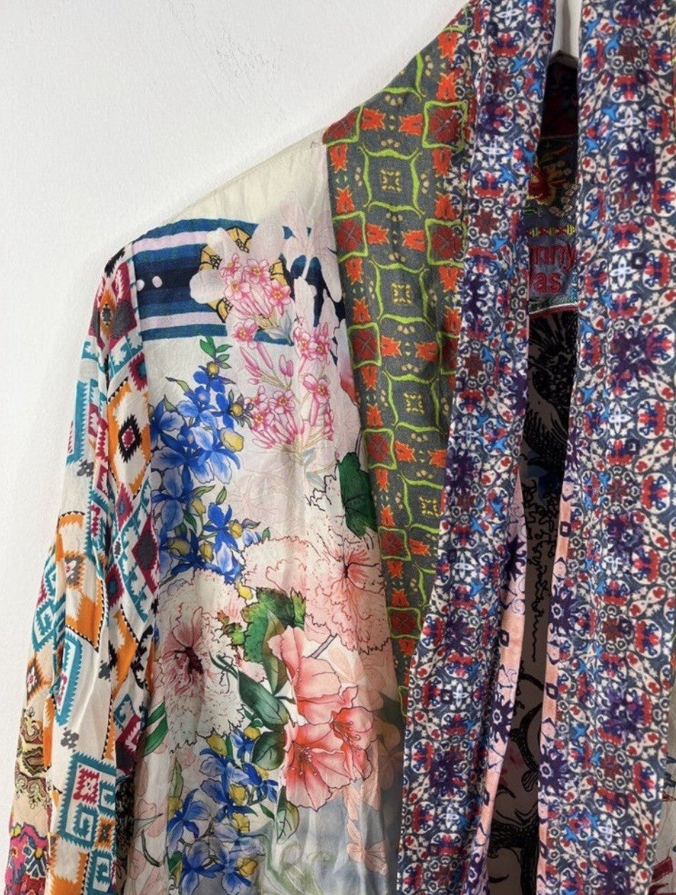 Johnny Was L Silky Kimono Wrap Patchwork Duster Jacket Cool Lightweight BOHO Johnny Was