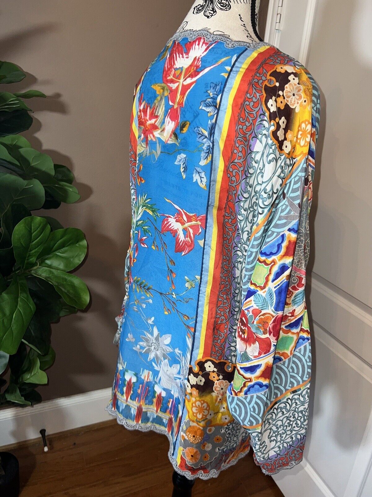 Johnny Was 100% Silk Long Sleeve Tunic Top Dragon Blouse Kimono Sz XL 1X 1XL